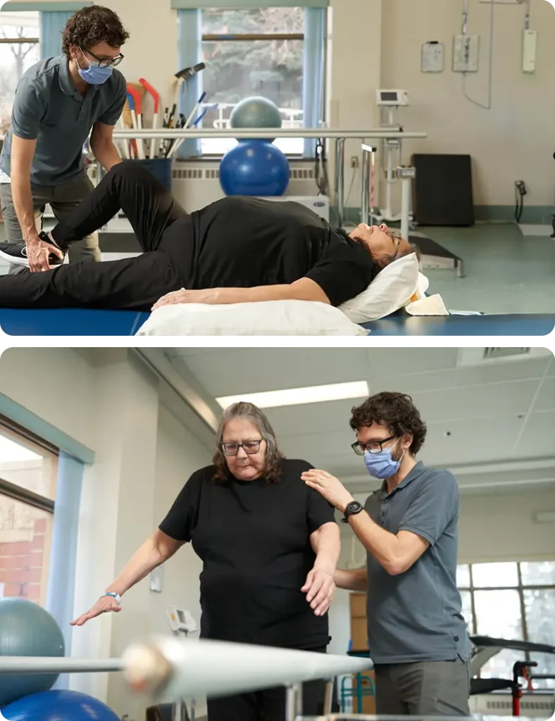 Two images feature a woman exercising in a gym