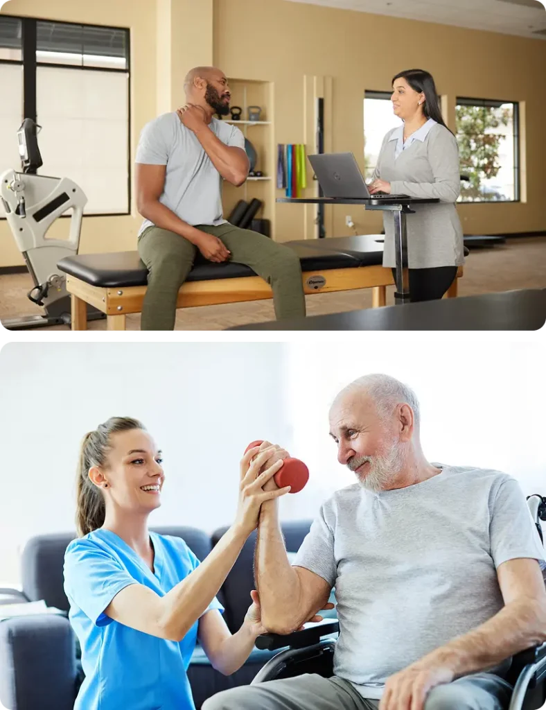 A collage featuring three individuals in wheelchairs