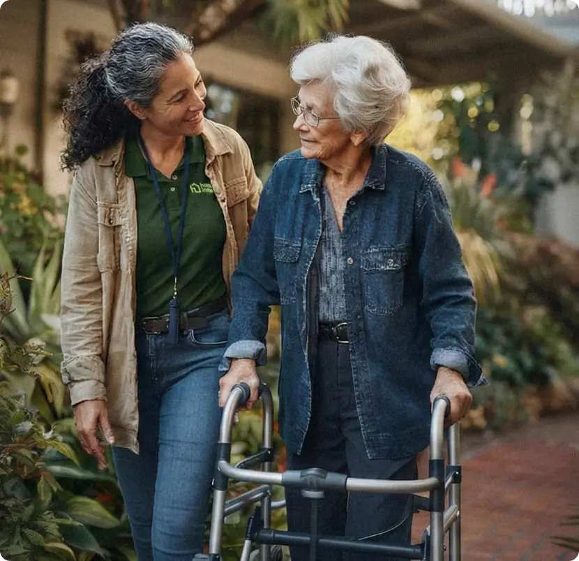 A woman using a walker walks alongside an older woman