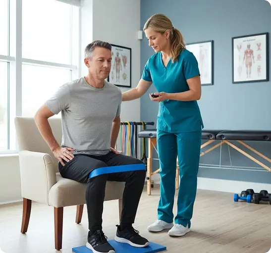 A physical therapist assists a man sitting on a chair