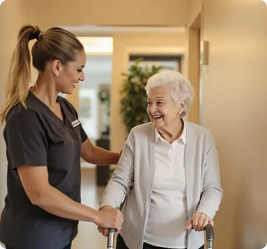A nurse assists an elderly woman using a walker