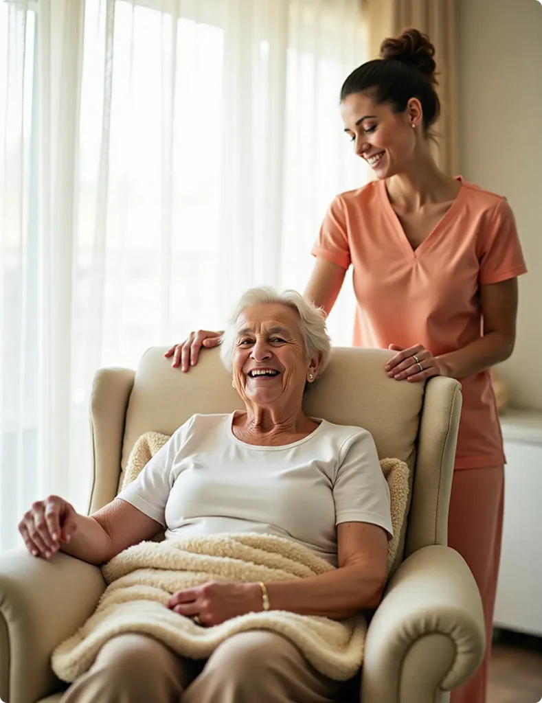 A nurse stands beside a woman seated in a chair,