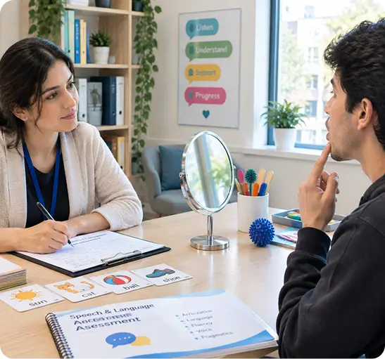 A speech-language pathologist is having a consultation with a client in an office setting, with assessment materials visible on the table.