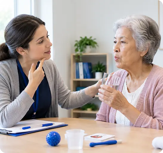 A young woman is helping an older woman who is holding a glass of water.