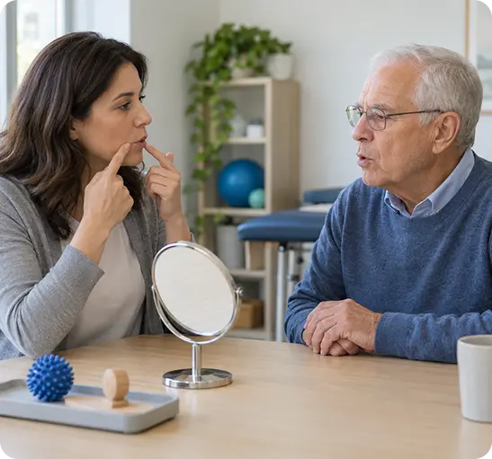 A woman and an elderly man are sitting at a table with a mirror and various objects