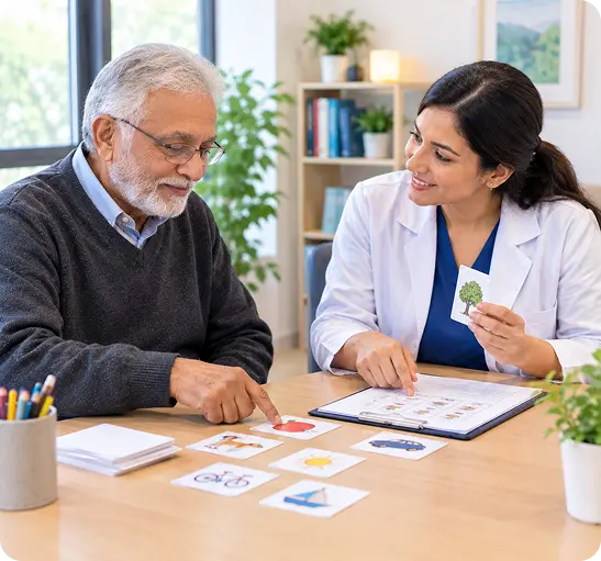A healthcare professional and an older man are seated at a table, engaging in a therapeutic activity involving images.