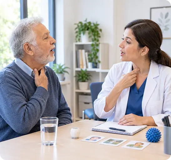 A doctor and a senior male patient are engaged in a conversation at a medical appointment,