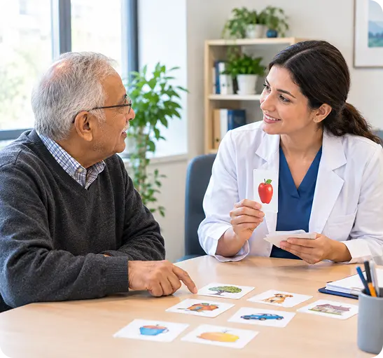 A healthcare professional in a white coat is sitting at a table with an elderly man.