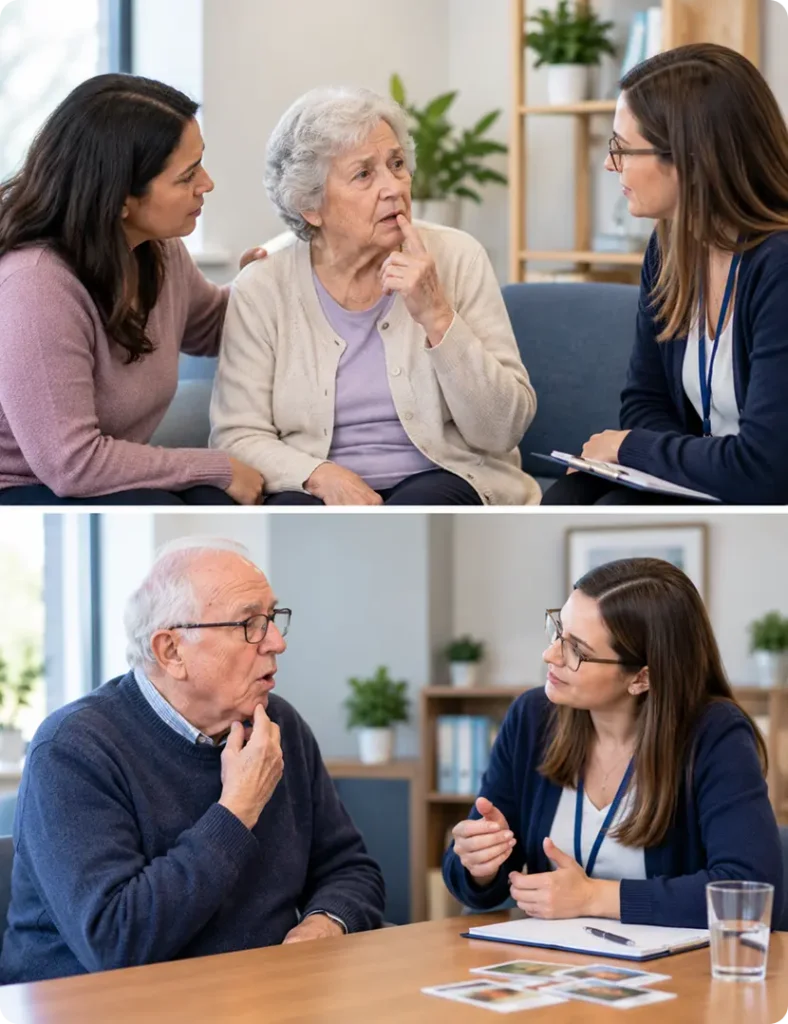 Two images depicting conversations: the top image shows two women with an older woman in a cozy indoor setting