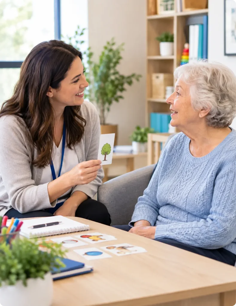 A young woman is sitting across from an elderly woman in a bright, cozy room.
